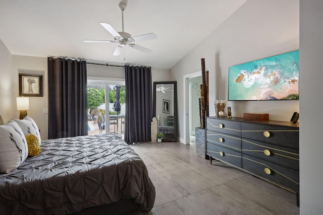 bedroom featuring vaulted ceiling, concrete floors, a ceiling fan, and access to outside