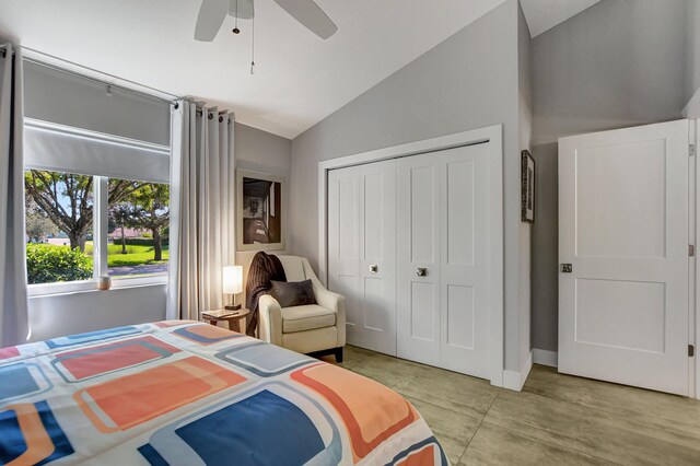 2951 San Remo Way, Delray Beach, FL 33445 - bedroom with lofted ceiling, a closet, concrete floors, ceiling fan, and baseboards