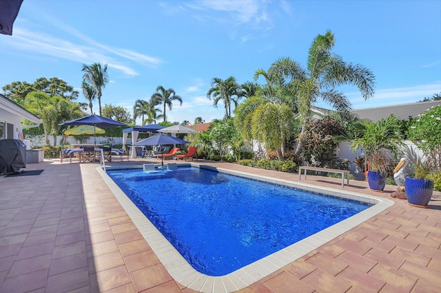 view of pool with a patio, area for grilling, fence, and a fenced in pool