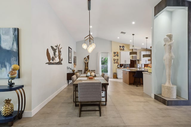 dining area featuring visible vents, recessed lighting, high vaulted ceiling, and baseboards