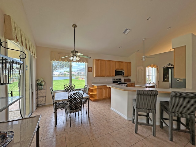 kitchen featuring a wealth of natural light, kitchen peninsula, appliances with stainless steel finishes, and ceiling fan