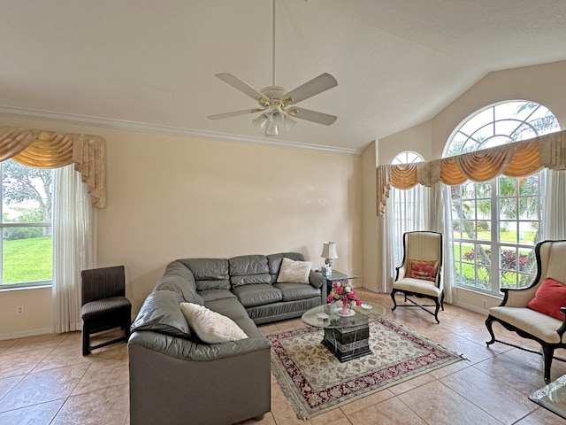 living room featuring ceiling fan and vaulted ceiling