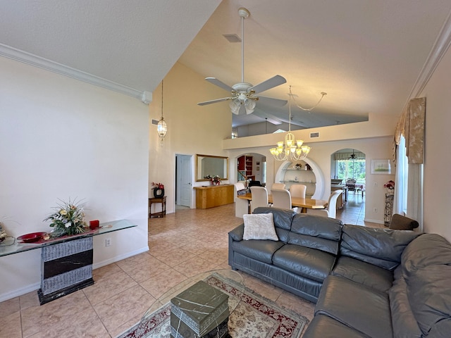 tiled living room with ceiling fan with notable chandelier, lofted ceiling, and crown molding