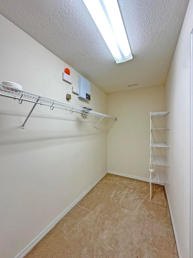 walk in closet with light colored carpet