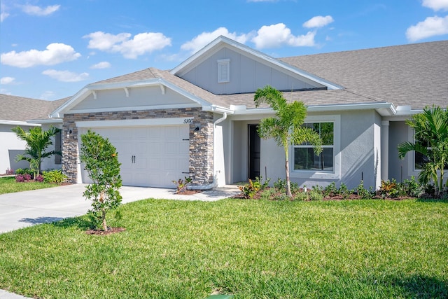 ranch-style house with a garage and a front lawn