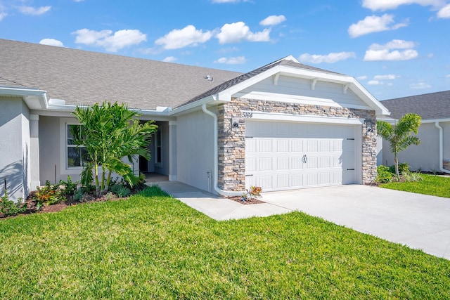 ranch-style home with a front yard and a garage