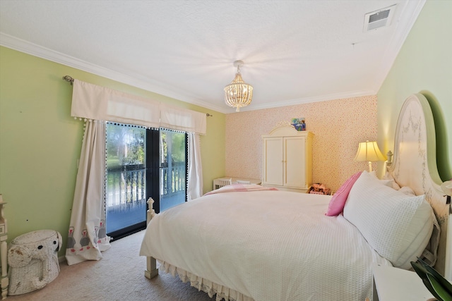 carpeted bedroom with crown molding, a notable chandelier, visible vents, and access to exterior