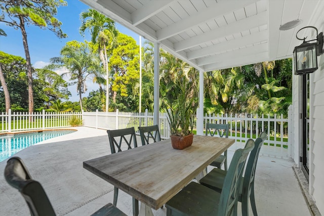 view of patio / terrace with a fenced backyard, a fenced in pool, and outdoor dining space