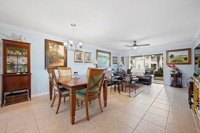 dining room with ceiling fan with notable chandelier, light tile patterned floors, and ornamental molding