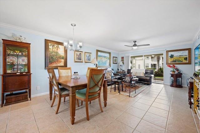 tiled dining space featuring crown molding and ceiling fan with notable chandelier