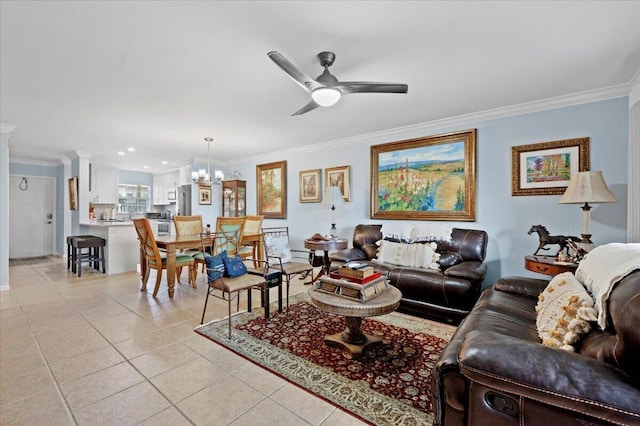 living room with ceiling fan with notable chandelier, crown molding, and light tile patterned flooring