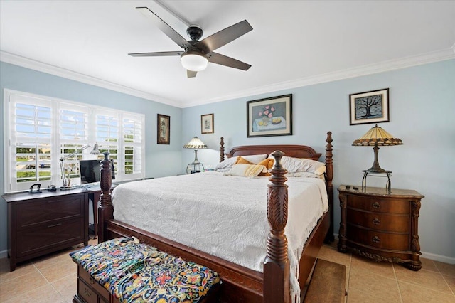 bedroom featuring ceiling fan, light tile patterned floors, and ornamental molding