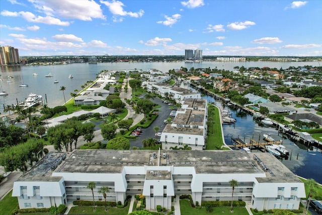 drone / aerial view featuring a water view