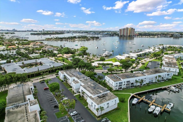 drone / aerial view featuring a water view