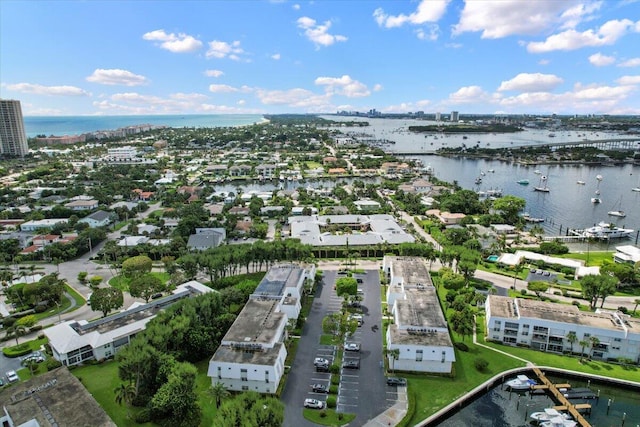 drone / aerial view with a water view