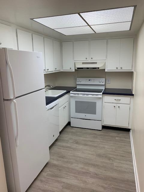 kitchen with white cabinetry, white appliances, sink, and light hardwood / wood-style floors