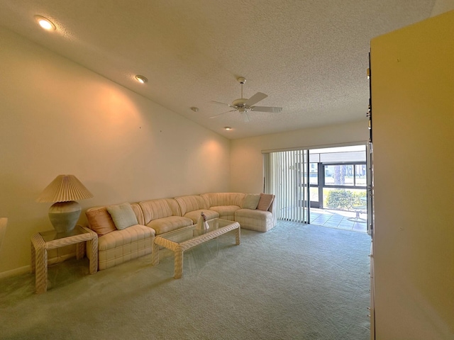 living area featuring ceiling fan, a textured ceiling, carpet, and recessed lighting