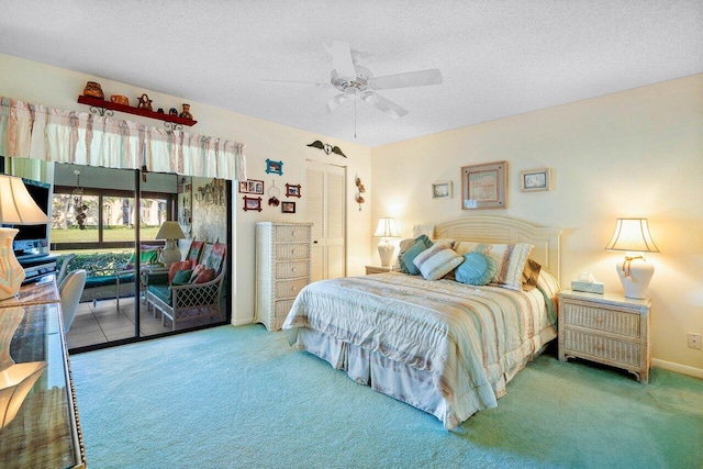 carpeted bedroom featuring a closet, a textured ceiling, baseboards, ceiling fan, and access to outside
