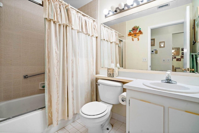full bathroom with toilet, tile patterned floors, visible vents, shower / bathtub combination with curtain, and vanity