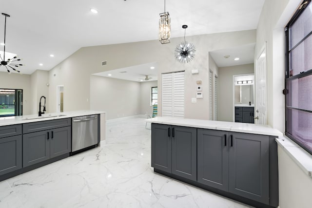 kitchen featuring hanging light fixtures, a healthy amount of sunlight, stainless steel dishwasher, and sink