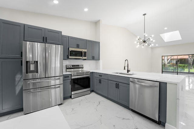 kitchen featuring appliances with stainless steel finishes, kitchen peninsula, sink, and lofted ceiling with skylight