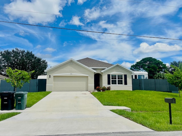 ranch-style home with a garage and a front lawn