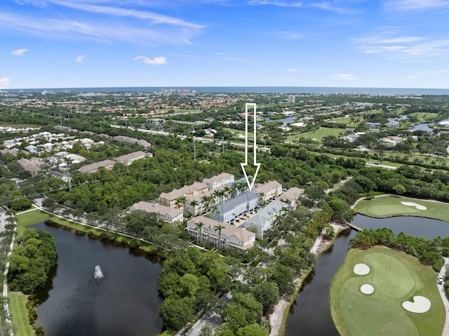 drone / aerial view featuring a water view