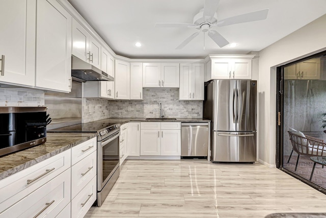 kitchen with sink, white cabinets, appliances with stainless steel finishes, dark stone countertops, and ceiling fan