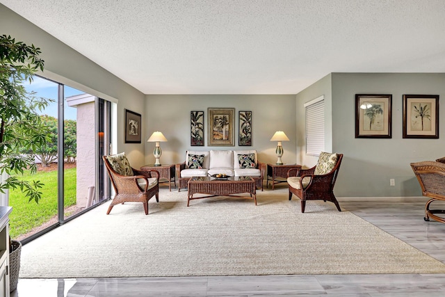 living room with light hardwood / wood-style floors and a textured ceiling