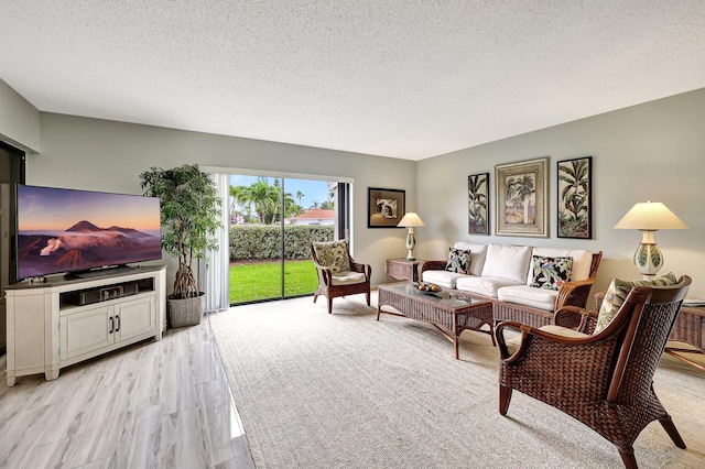 living room with a textured ceiling and light wood-type flooring