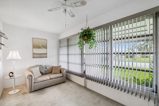 carpeted living room featuring a wealth of natural light and a textured ceiling