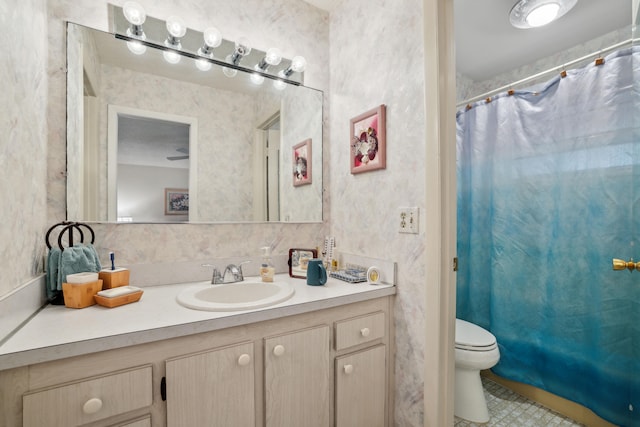 full bathroom with vanity, toilet, and shower / bath combo with shower curtain