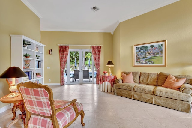 living room featuring crown molding, light tile patterned floors, and french doors