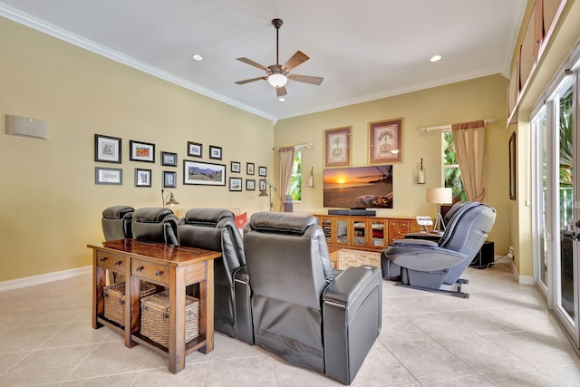 tiled living room featuring ornamental molding and ceiling fan