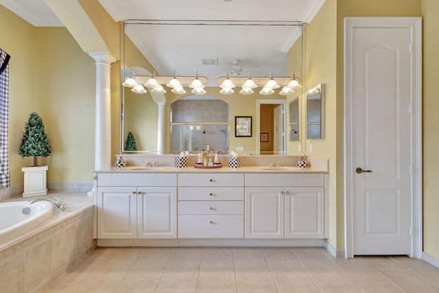 bathroom with vanity, ornamental molding, decorative columns, shower with separate bathtub, and tile patterned flooring