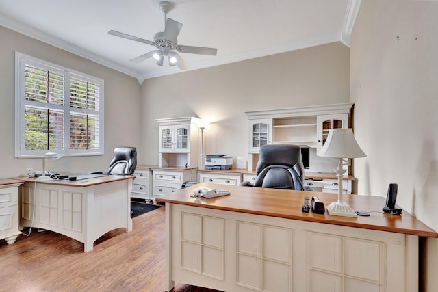 office area with ornamental molding, light wood-type flooring, and ceiling fan