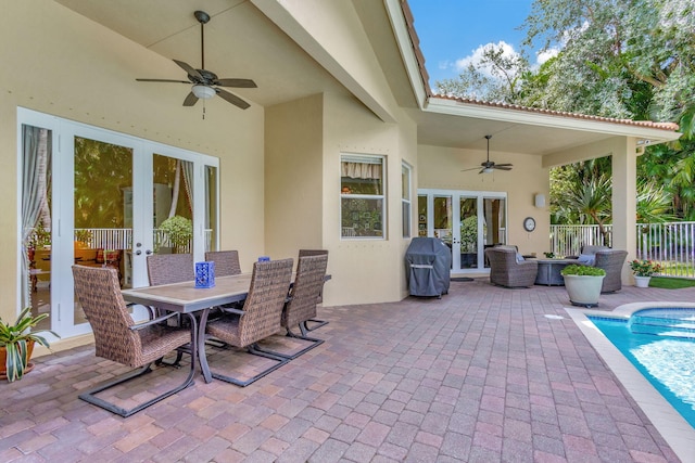 view of patio featuring grilling area, ceiling fan, and french doors