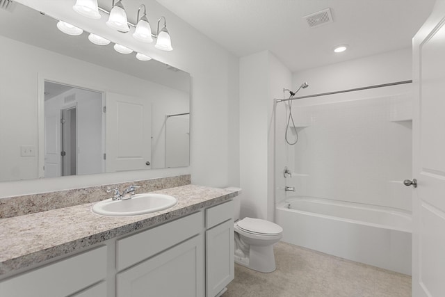 full bathroom with bathing tub / shower combination, vanity, and toilet