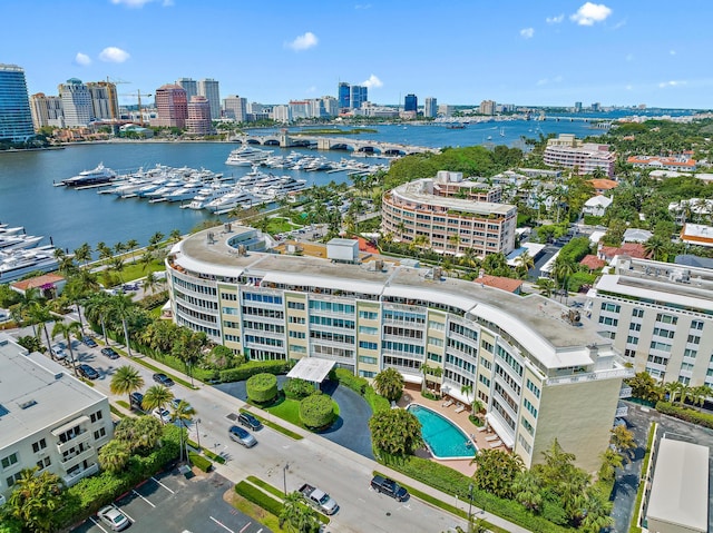 bird's eye view with a water view