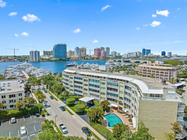 aerial view featuring a water view