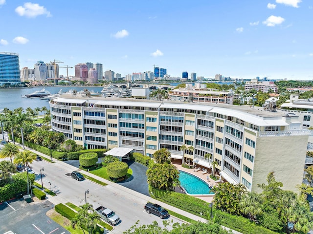 bird's eye view with a water view