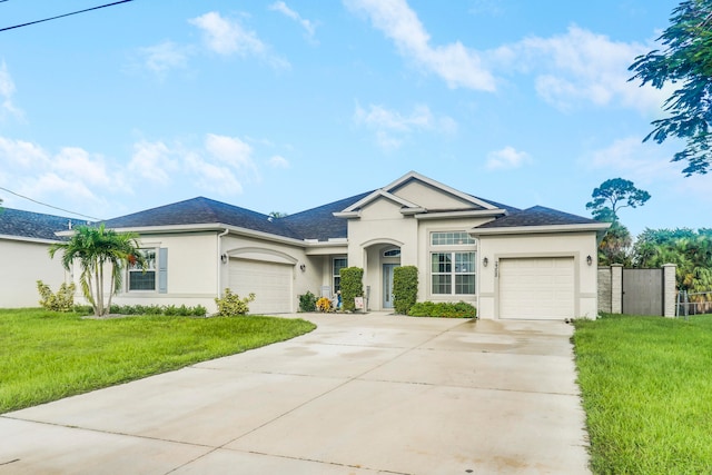 ranch-style home featuring a garage and a front yard