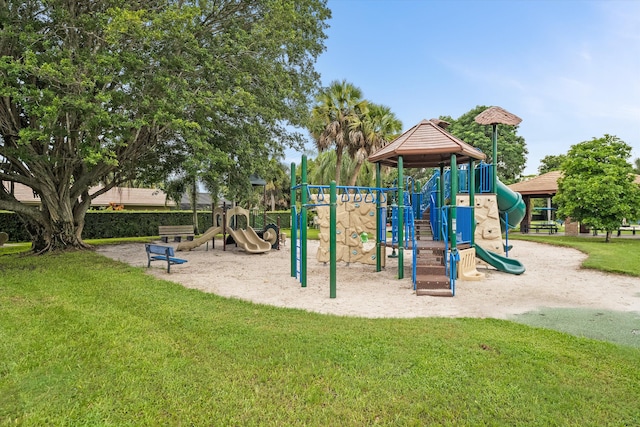 view of jungle gym featuring a yard