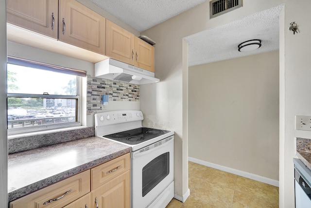 kitchen with dishwashing machine, decorative backsplash, light tile patterned flooring, white electric range oven, and light brown cabinetry