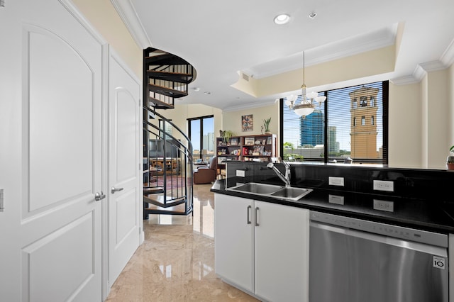 kitchen featuring dishwasher, white cabinets, ornamental molding, and sink