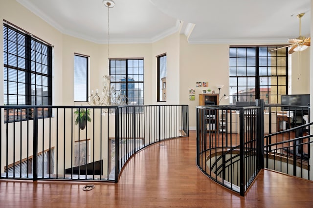 hallway with hardwood / wood-style flooring and crown molding