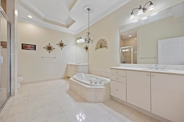 full bathroom featuring vanity, toilet, ornamental molding, independent shower and bath, and a notable chandelier