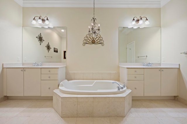 bathroom featuring tile patterned flooring, a relaxing tiled tub, crown molding, and vanity