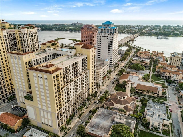 drone / aerial view with a water view