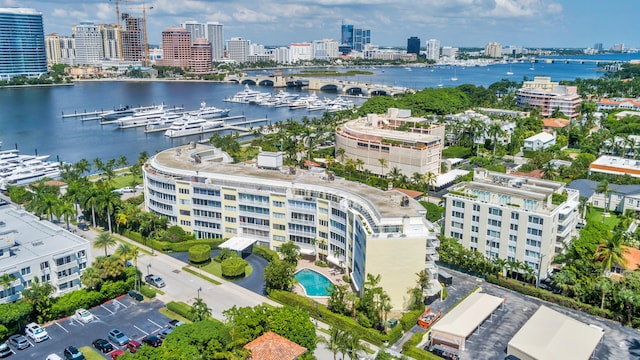 drone / aerial view with a water view